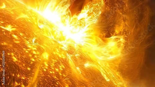Dynamic animation illustrating intense solar magnetic storms on the Sun's surface, showcasing powerful plasma eruptions and solar activity.