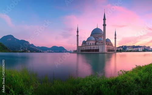 Stunning sunset view of a mosque on a lake. photo