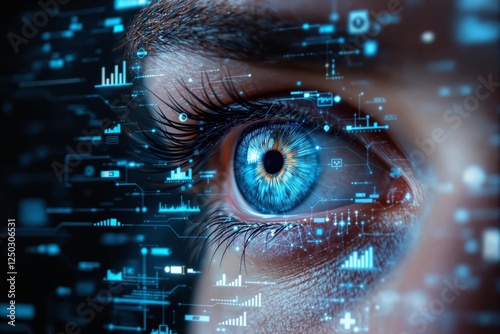 Close-up of a human eye with futuristic digital interface, glowing holographic data elements, and high-tech HUD graphics on a blurred dark background. Ai generative
