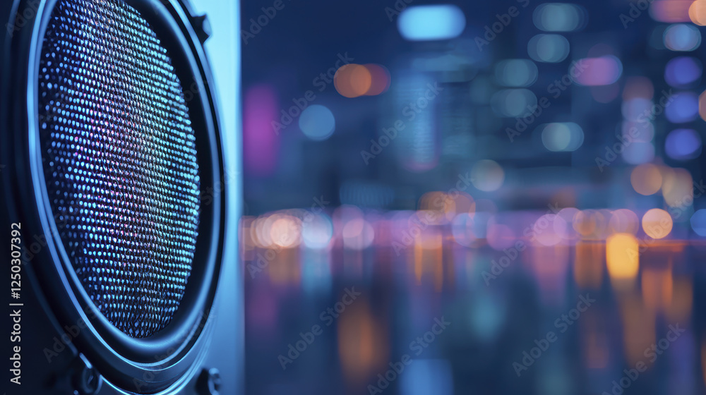 High quality speaker with vibrant lights against blurred cityscape background, creating lively atmosphere High quality speaker with vibrant lights against blurred cityscape background, creating lively atmosphere