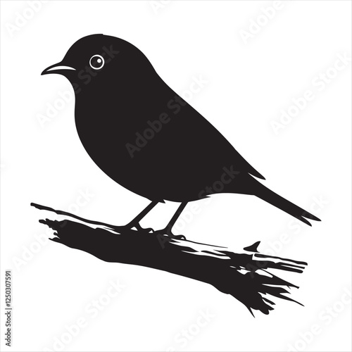 Black Silhouette of a Small Northern Bird Perched on a Branch Isolated on a Light Background