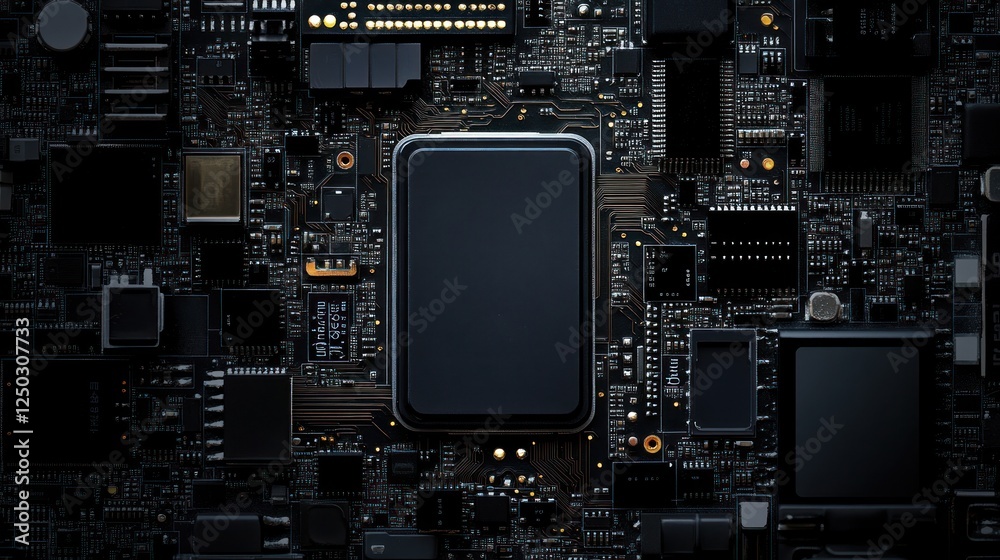 Fototapeta premium Microchip, smd electronic component of mobile device on circuit board or motherboard, AI generated image