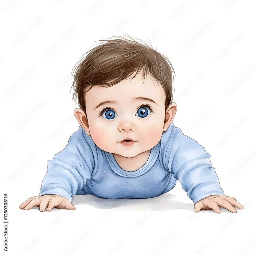 Cute Baby with Bright Blue Eyes Crawling on White Background, Innocent Expression, Adorable Features, Studio Lighting, Soft and Playful Mood Cute Baby with Bright Blue Eyes Crawling on White Background, Innocent Expression, Adorable Features, Studio Lighting, Soft and Playful Mood