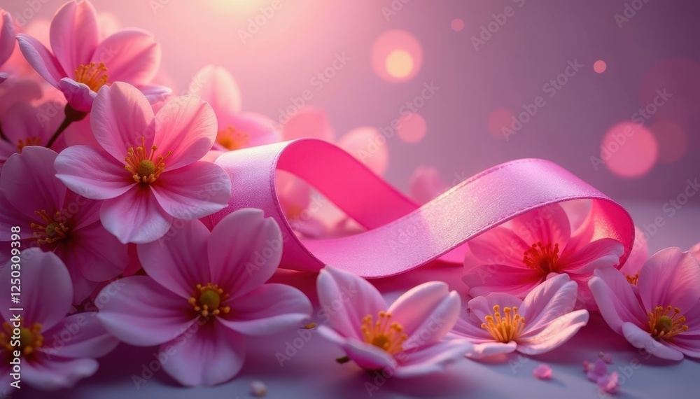 Obraz premium A pink ribbon with a glowing aura surrounded by delicate flowers, breast cancer awareness, symbol of hope, pink color scheme