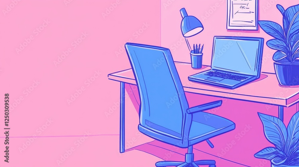 Fototapeta premium Modern Desk Setup with Laptop and Chair in Vibrant Pink and Blue Colors