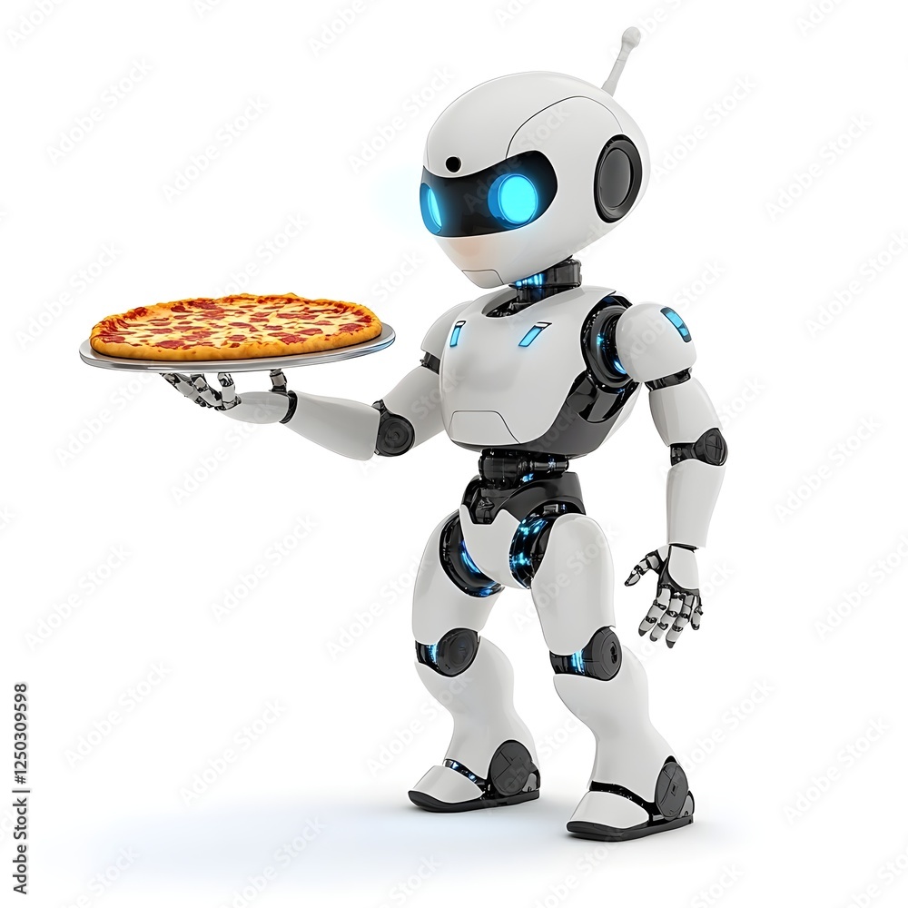 Friendly robot holding a pizza on a plate, showcasing modern technology in culinary service and futuristic dining concepts, smiling and engaging with viewers Friendly robot holding a pizza on a plate, showcasing modern technology in culinary service and futuristic dining concepts, smiling and engaging with viewers