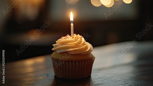 One candle on a birthday cakecup