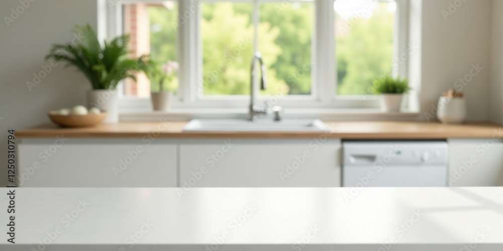 Bright, airy kitchen features a clean, minimalist design with a spacious countertop and natural light streaming through a large window Bright, airy kitchen features a clean, minimalist design with a spacious countertop and natural light streaming through a large window