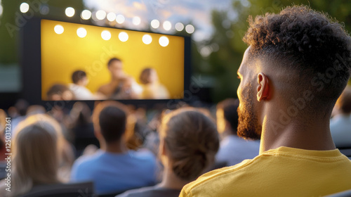 man watches outdoor movie screening with diverse audience, enjoying vibrant atmosphere