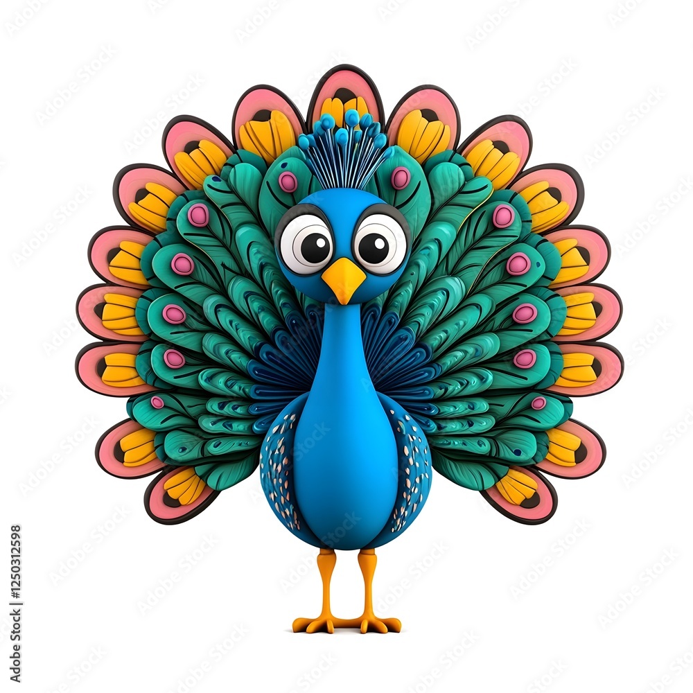 Obraz premium Colorful cartoon peacock with detailed feathers standing proudly in a playful and whimsical setting for children's art and design concepts