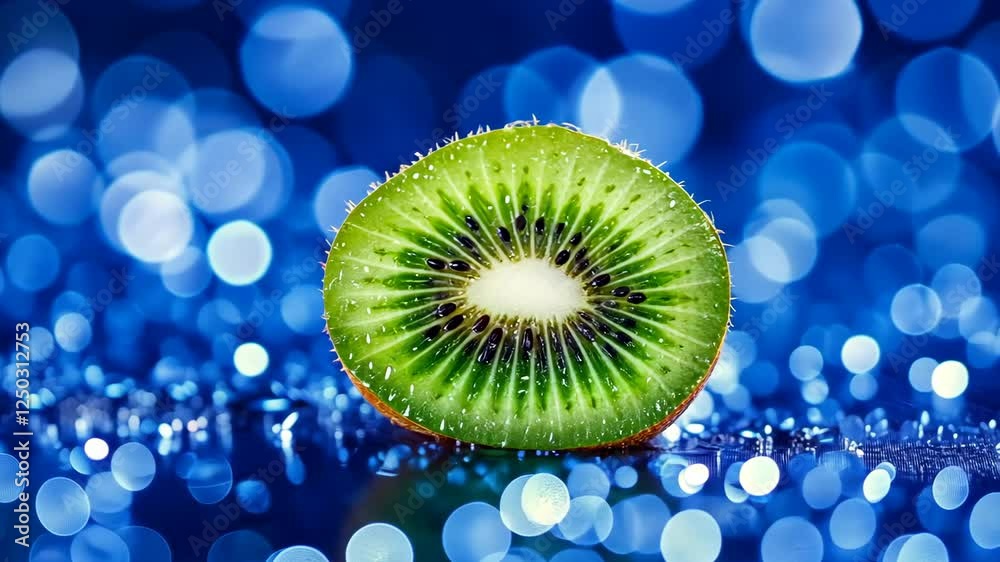 Fresh green kiwi fruit slice with vibrant bokeh background in blue tones creating a refreshing atmosphere