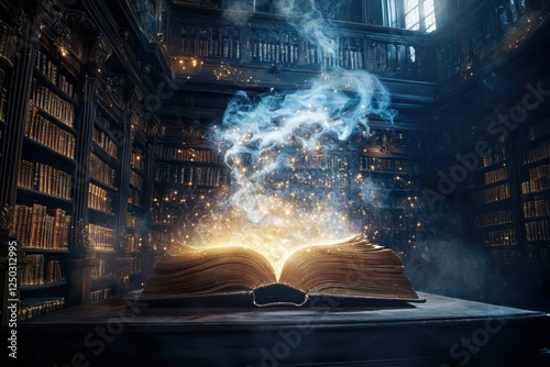 Ghostly reading in a haunted library ancient books candlelit ambiance mystical dust particles enigmatic scene