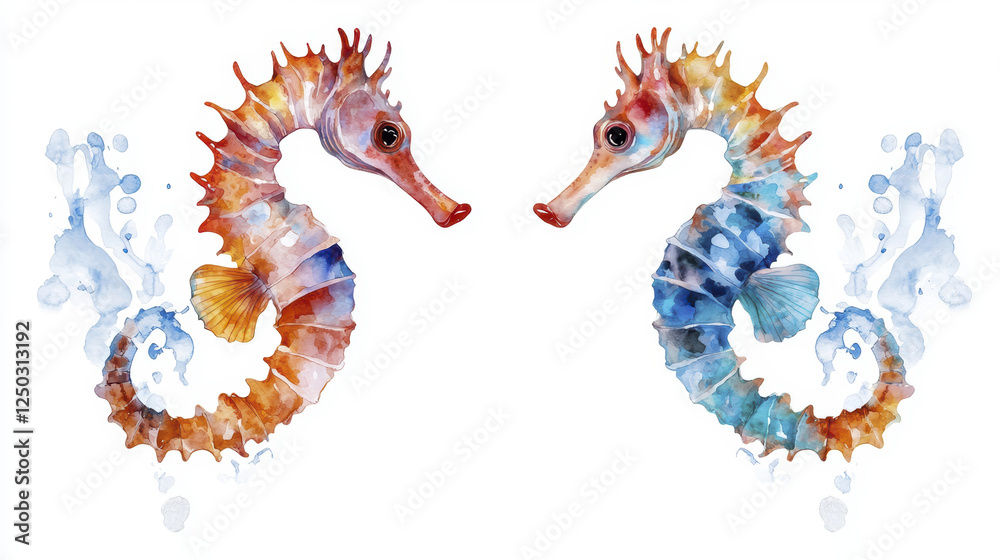 Fototapeta premium Stylized seahorses in vibrant colors with splashes of water, creating whimsical underwater scene