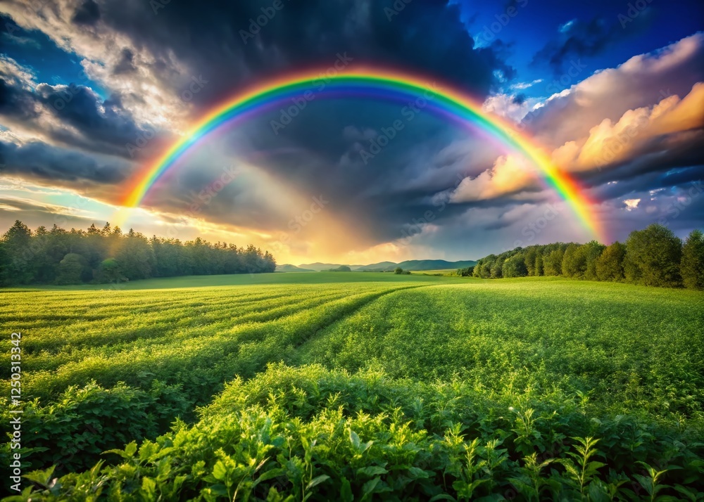 Naklejka premium Vibrant Rainbow Arcing Over Lush Green Field - Nature Stock Photo
