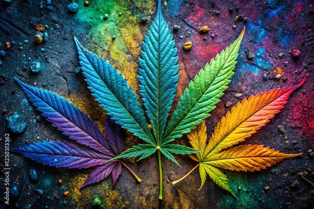 Obraz premium Vibrant Rainbow Marijuana Leaves Urban Decay Background Stock Photo