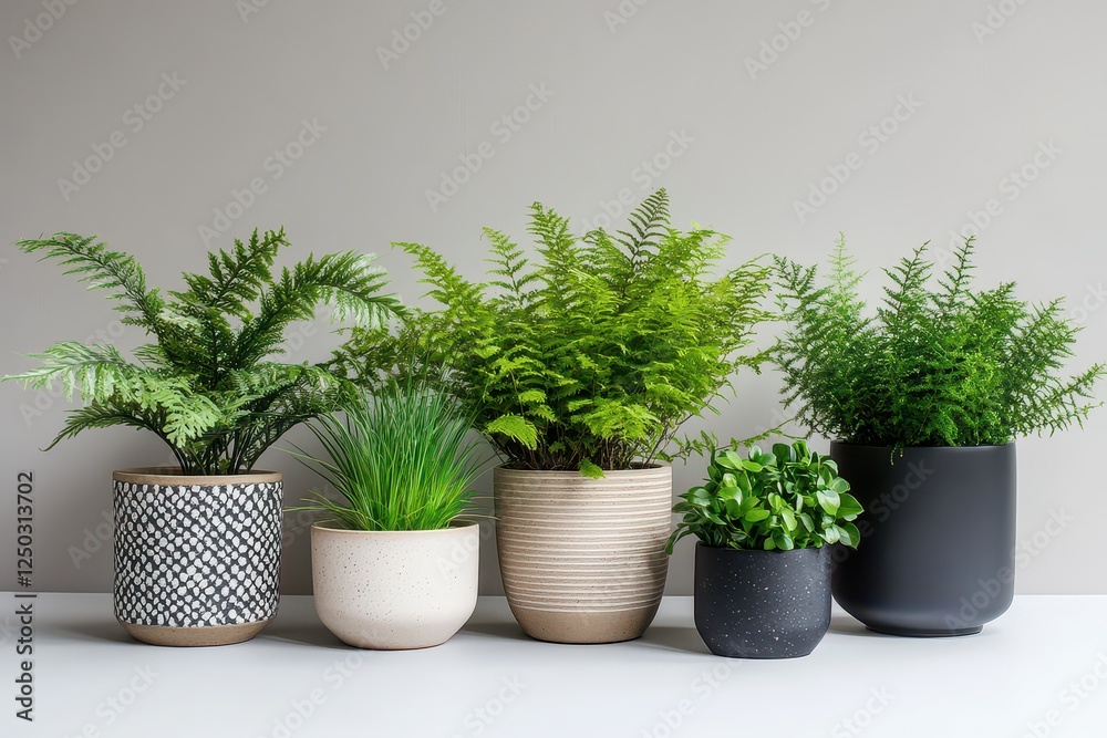 Fototapeta premium A collection of various potted plants arranged on a neutral background showcasing greenery