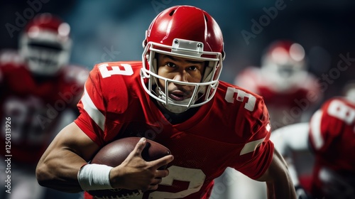 Determined Football Player Evading Defenders on the Field