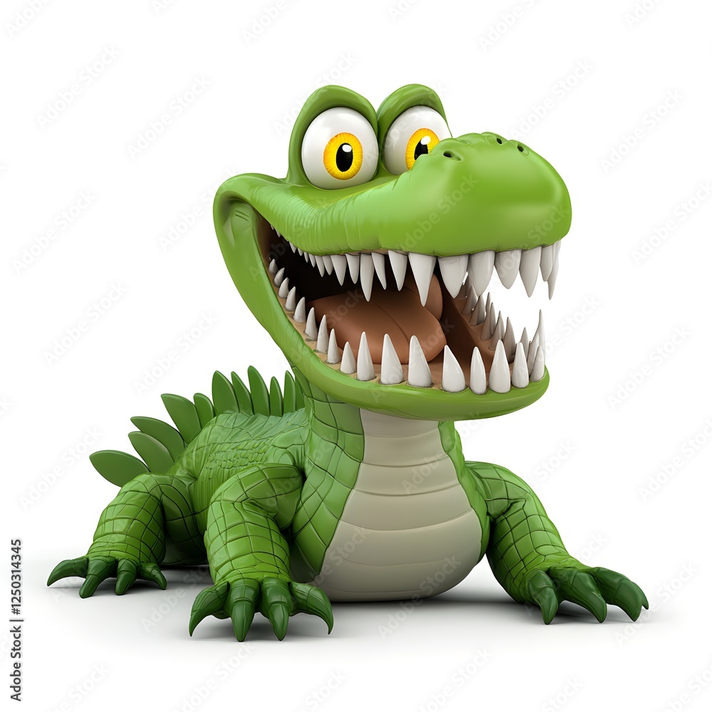 Fototapeta premium Cartoon crocodile character with big eyes and sharp teeth, smiling and looking friendly, ideal for children's illustration and playful designs