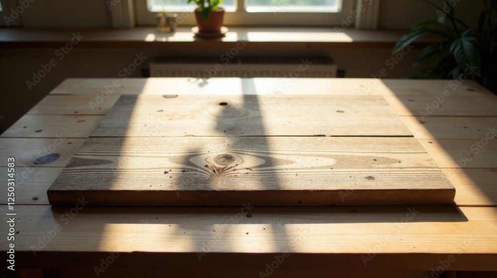 Sunlit Wooden Plank on Rustic Tabletop A Study in Natural Light and Texture Sunlit Wooden Plank on Rustic Tabletop A Study in Natural Light and Texture