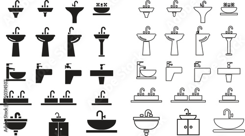 sink unit l icon in flat, line set use for kitchen and bathroom washbasin sign, symbol in trendy style pictogram isolated on transparent background vector for apps and website