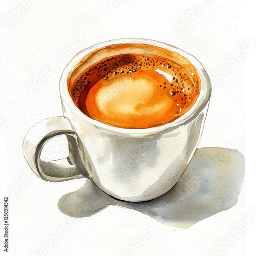 Watercolor Espresso in White Cup Rich Brown Crema and Subtle Shadows