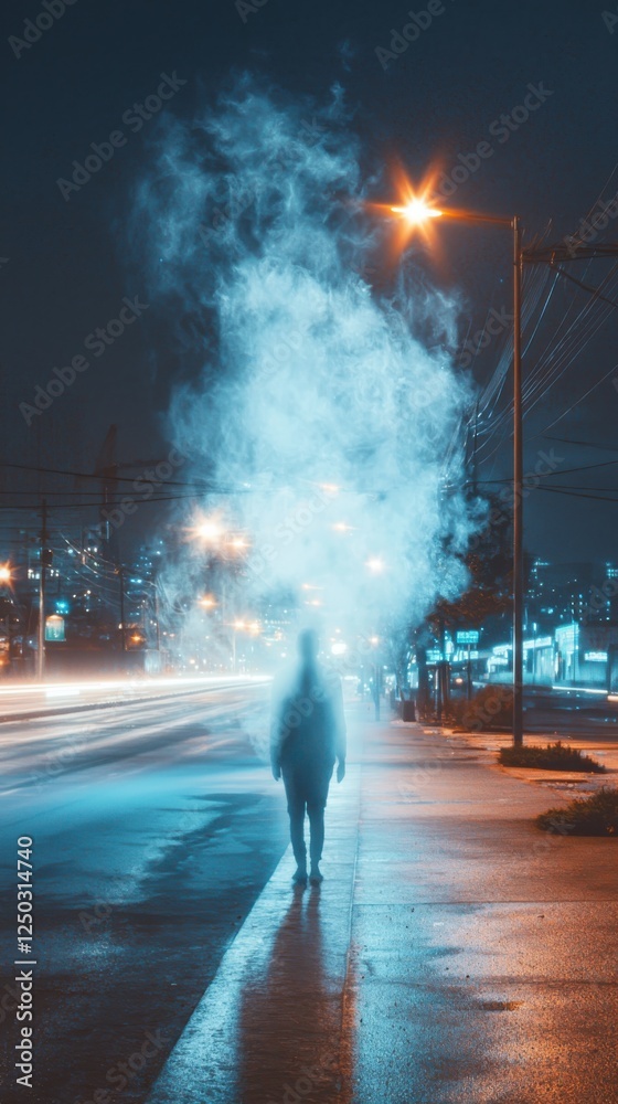 Obraz premium Ghostly figure emerges empty street artistic representation foggy environment nighttime viewpoint isolation concept