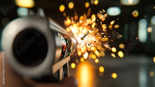 Close-up of a handgun firing, capturing the moment of discharge with sparks and bullets flying, indoors photo