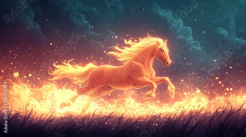 A powerful golden horse running through a digital storm of financial data and crypto currency symbols