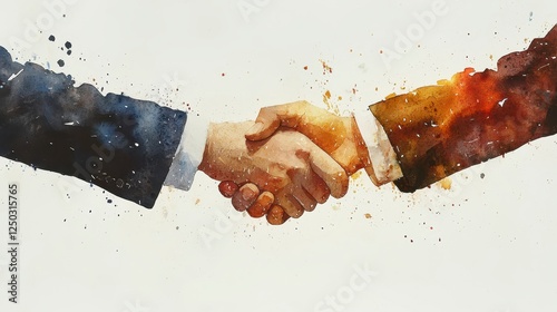 Watercolor Handshake Blue and Orange Tones on White Background