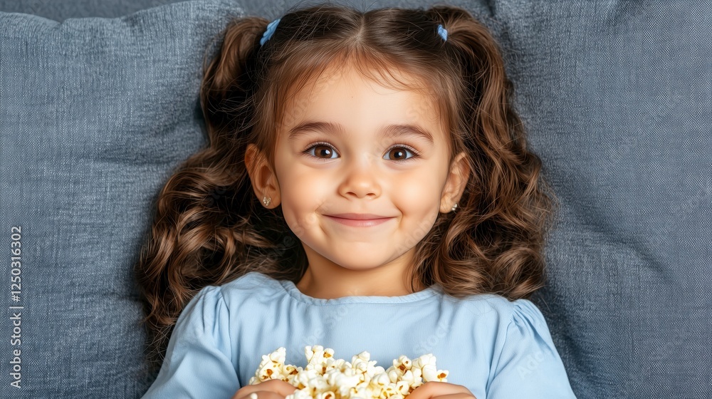 Smiling Little Girl with Curly Hair Holding Popcorn on a Cozy Blue Couch, Adorable Childhood Moment Captured in Warm Lighting, Perfect for Family, Happiness, and Lifestyle Themes Smiling Little Girl with Curly Hair Holding Popcorn on a Cozy Blue Couch, Adorable Childhood Moment Captured in Warm Lighting, Perfect for Family, Happiness, and Lifestyle Themes