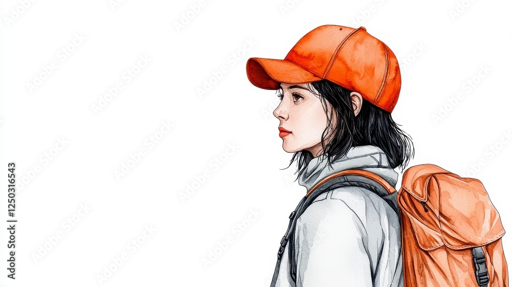 Obraz premium Watercolor Illustration of a Young Woman with an Orange Cap and Backpack