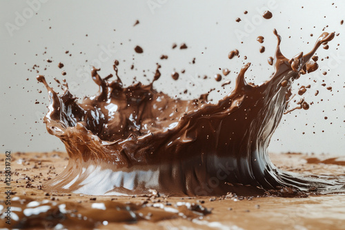 Chocolate splashing into the ground from a falling ice cream cone, creating a mess on a sunny sidewalk, with people watching in surprise and amusement. photo