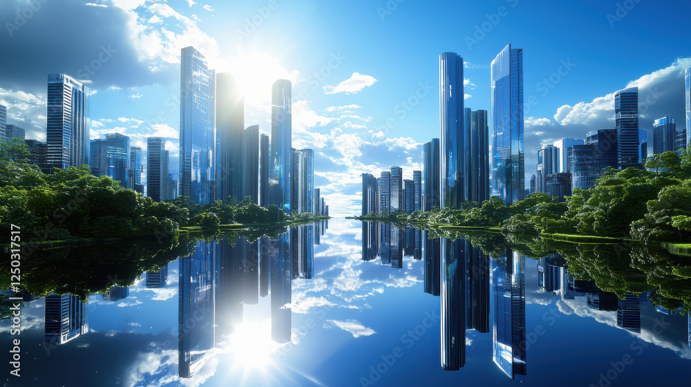 A visionary digital artwork showing a futuristic cityscape merging with nature, symbolizing balance A visionary digital artwork showing a futuristic cityscape merging with nature, symbolizing balance