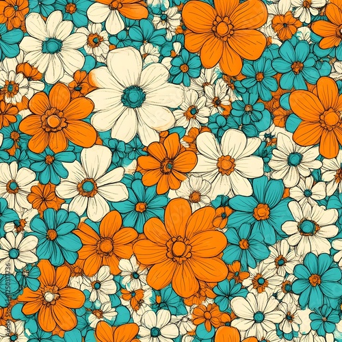 Vibrant Floral Pattern of Blooming Daisies Cosmos and Marigolds in Vivid Orange and Turquoise Colors