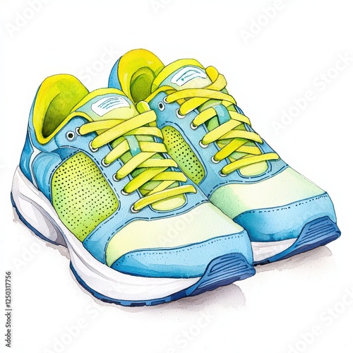 Watercolor Illustration Of Light Blue And Lime Green Athletic Shoes With Yellow Laces