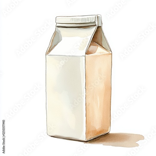 Watercolor Illustration of Milk Carton on White Background