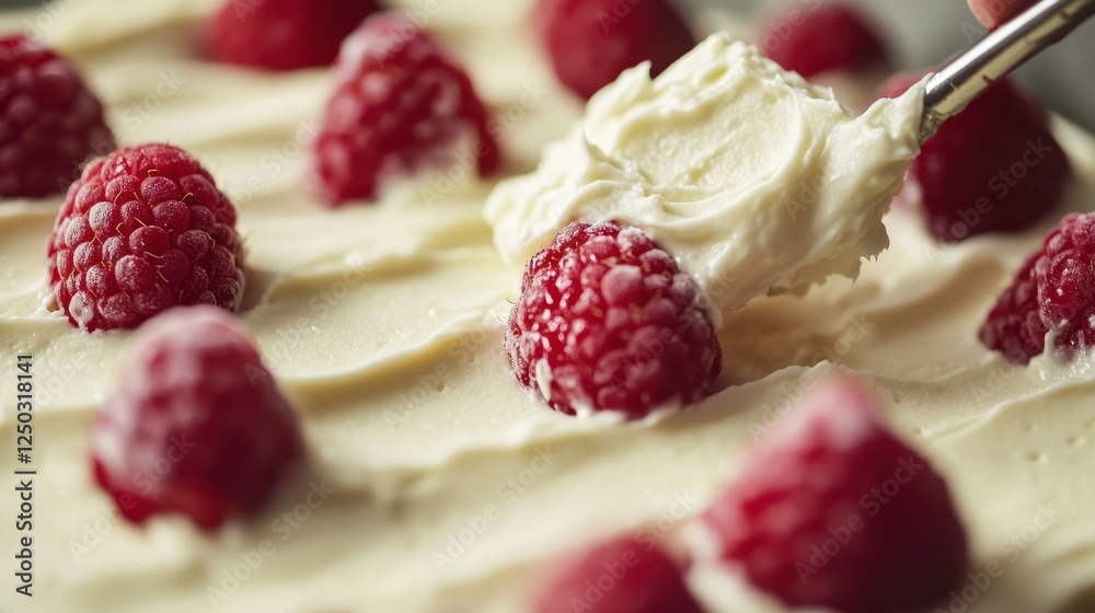 Close-up of a creamy cream cheese frosting being spread on a freshly baked raspberry cake with visible fresh raspberries on top, all set in a warm, natural kitchen Close-up of a creamy cream cheese frosting being spread on a freshly baked raspberry cake with visible fresh raspberries on top, all set in a warm, natural kitchen