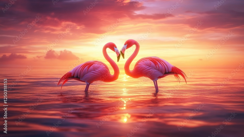 Fototapeta premium A pair of flamingos in love, their vibrant pink feathers illuminated by a fiery sunset over tranquil tropical waters.