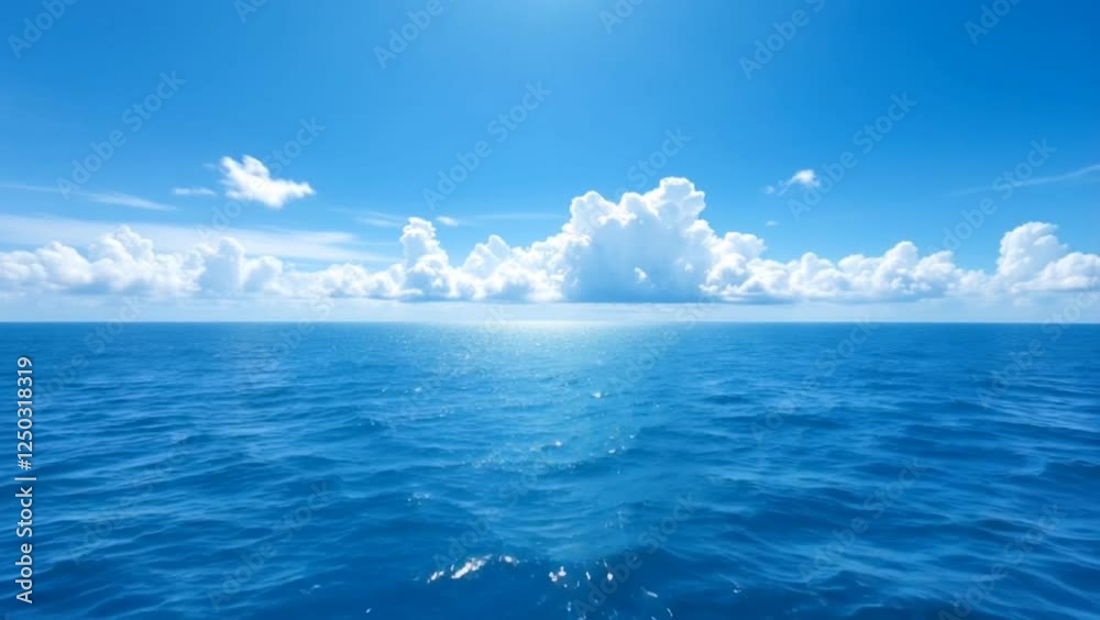 Wide blue ocean under bright sunny sky with fluffy white clouds. Seascape concept Wide blue ocean under bright sunny sky with fluffy white clouds. Seascape concept