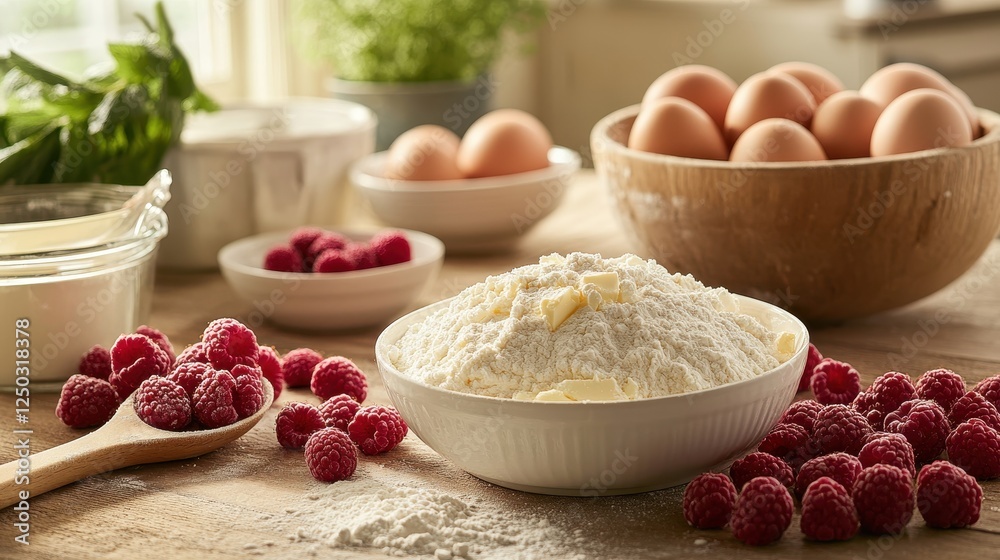 Ingredients for a raspberry cake laid out on a rustic kitchen counter: flour, eggs, butter, fresh raspberries, and more, with a wooden spoon and mixing bowls in the background