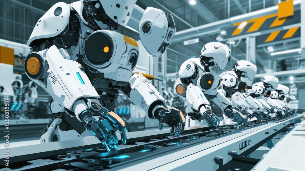 Fototapeta premium Robots assembling products in a futuristic factory setting.