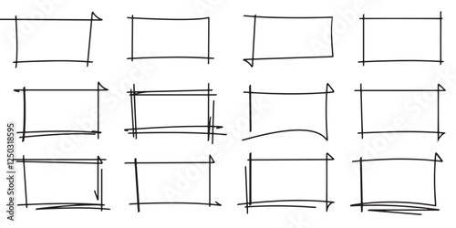 Set of doodle handdrawn highlight rectangles.  Brush doodle shape for message and notes. Collection of pencil or pen sketch vector elements of squares and marks isolated on transparent background.