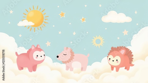 a cute illustration featuring three pink animals standing on clouds against a blue sky with sun and stars. They are all facing each other and have adorable expressions.