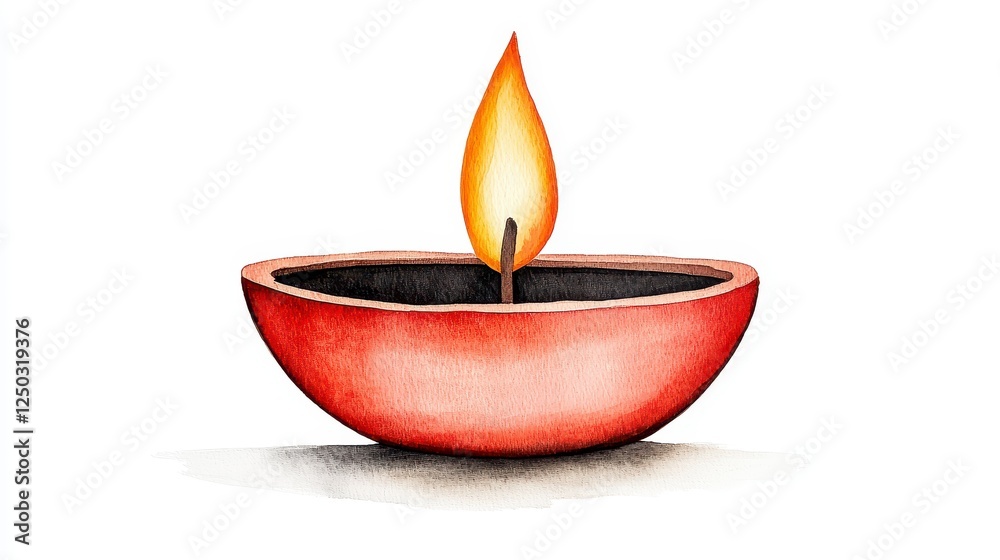 Watercolor Painting Of A Lit Red Diya On White Background Watercolor Painting Of A Lit Red Diya On White Background