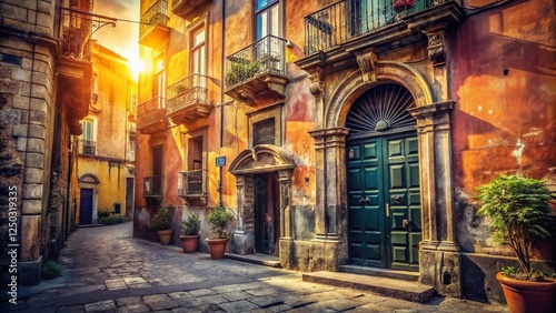 Vintage Naples Italy Building Entrance - Sun-Drenched Street Scene