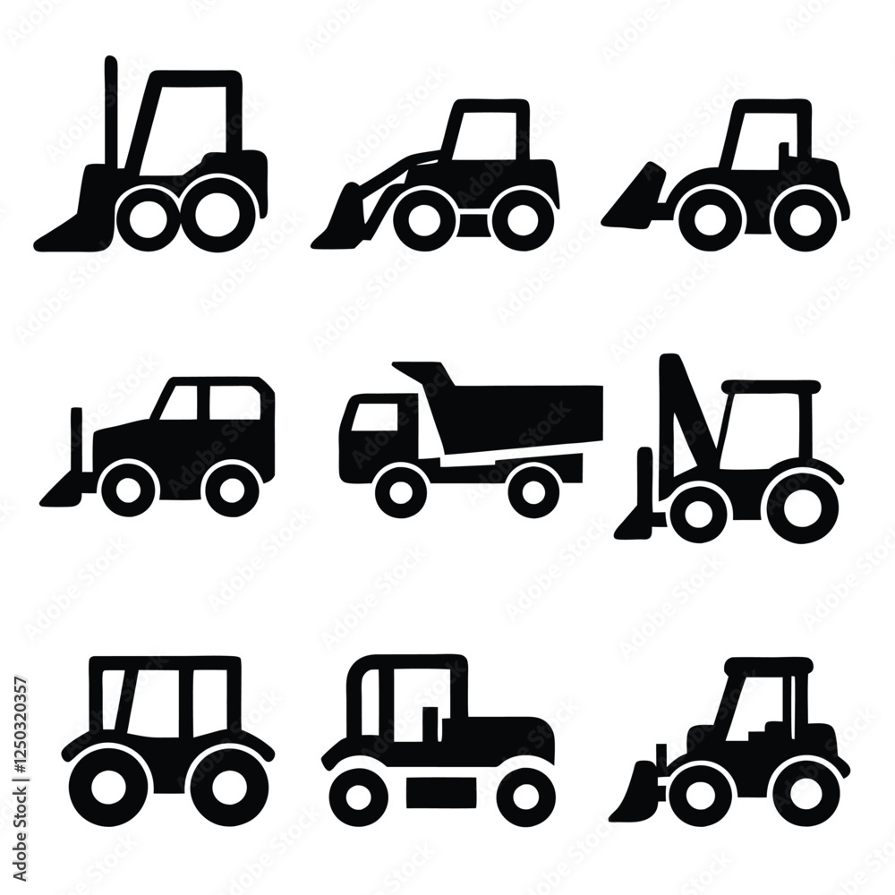 Roadwork and Construction Vehicle Silhouettes Vector Icons of Heavy Machinery Roadwork and Construction Vehicle Silhouettes Vector Icons of Heavy Machinery