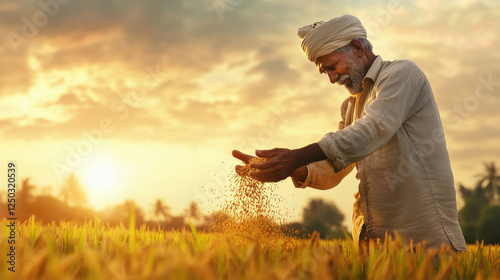 Indian farmer throwing fertilizer in the rice field.
