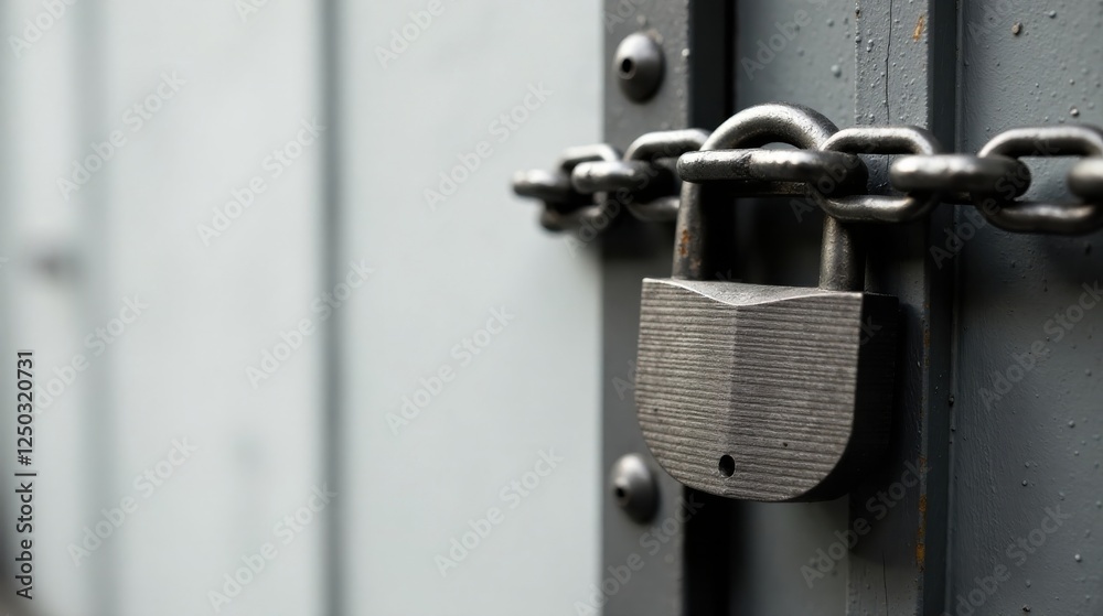A sturdy padlock secures a metal gate, its chain firmly linked, symbolizing protection and security. A sturdy padlock secures a metal gate, its chain firmly linked, symbolizing protection and security.