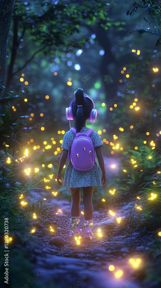 Little Girl Walking Through Firefly Enchanted Forest Path at Night Little Girl Walking Through Firefly Enchanted Forest Path at Night