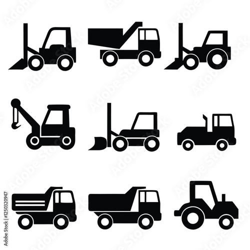 Industrial Work Vehicle Silhouettes Vector Illustrations of Construction Machines